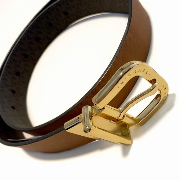 Michael Kors Brown Tan Logo Gold Buckle Belt NWT - Picture 4 of 9